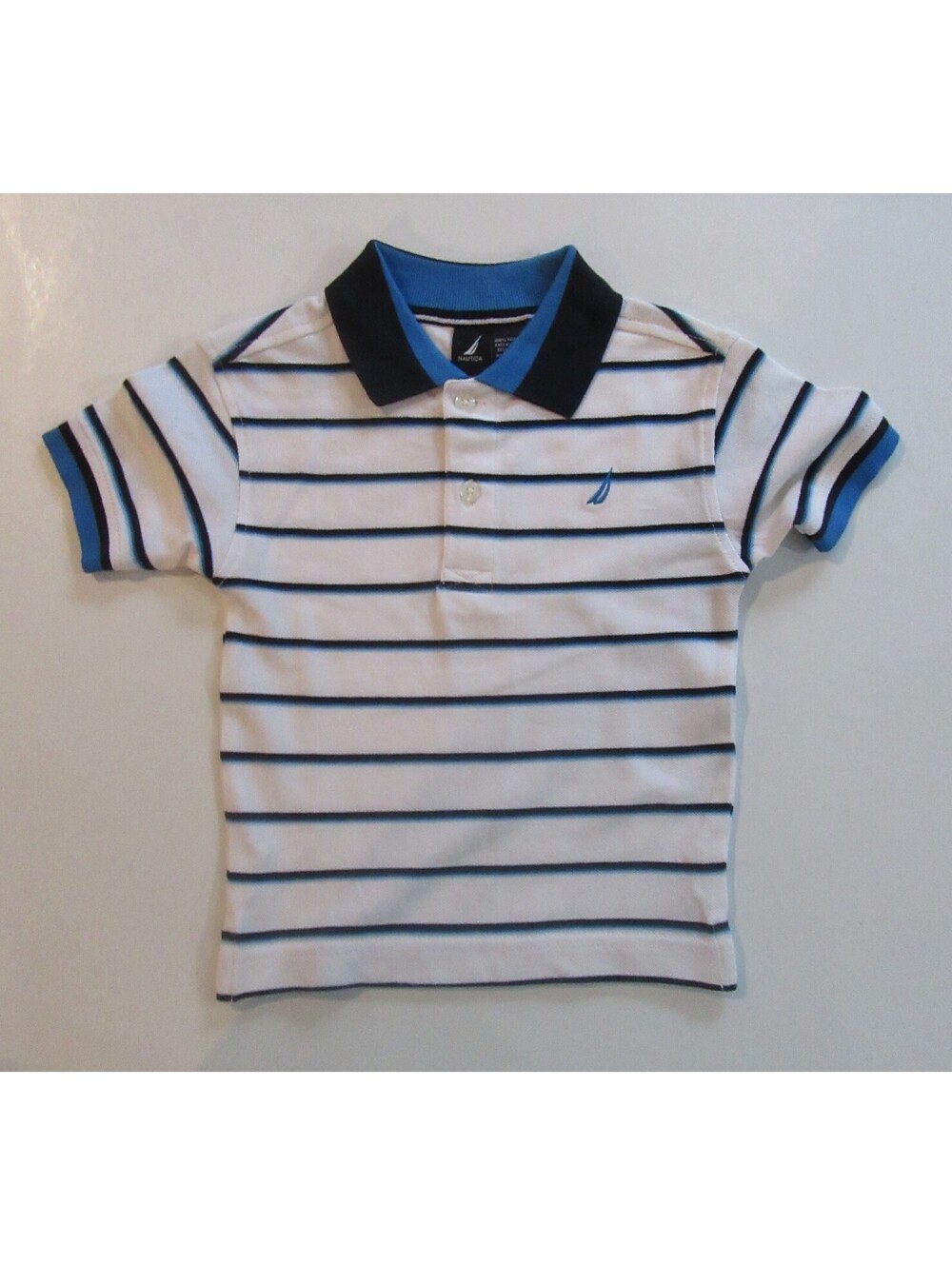 Nautica Boys Short Sleeve Polo Shirt White with Blue Stripes Size 2 / 2T